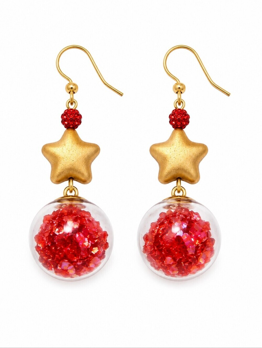 HANDMADE Red Snowglobe Czech Glass Gold Star Holiday Dangle Earrings